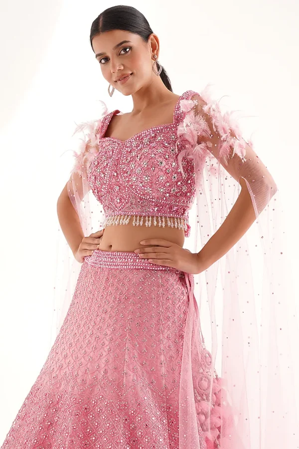 Pink Net & Fur Embroidered Lehenga Set - Image 3