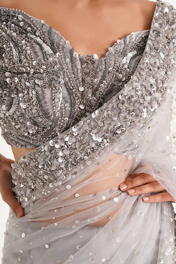 Grey Net Sequins Hand Embroidered Saree Set - Image 4