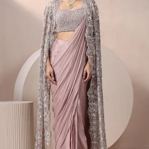 Champagne Chinon Chiffon Embellished Pre-Draped Jacket Saree Set