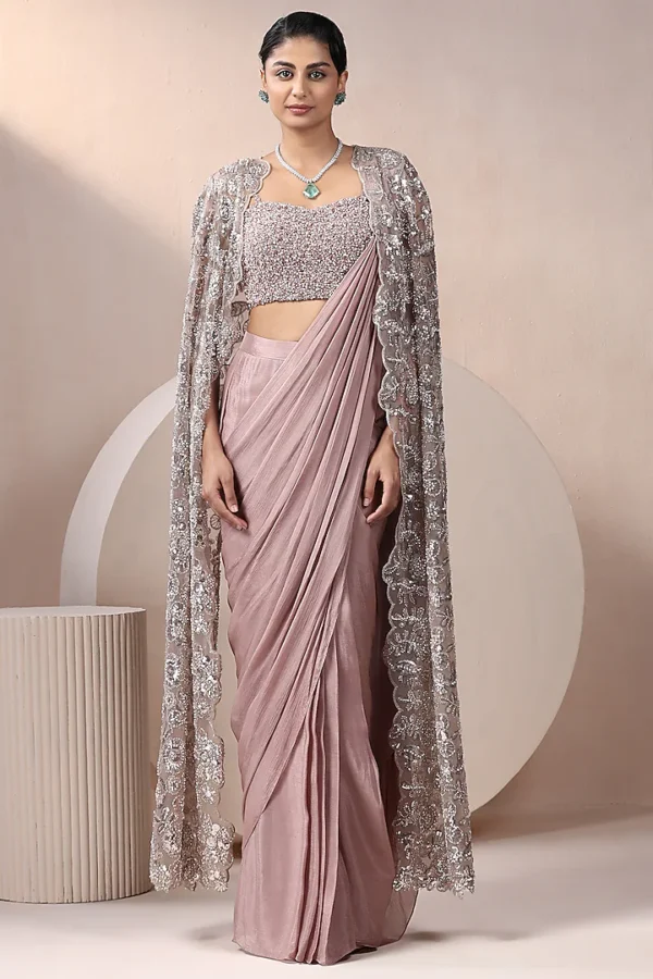 Champagne Chinon Chiffon Embellished Pre-Draped Jacket Saree Set