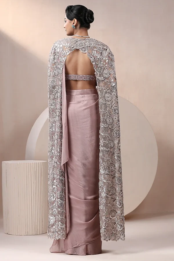 Champagne Chinon Chiffon Embellished Pre-Draped Jacket Saree Set - Image 2