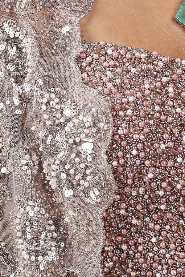 Champagne Chinon Chiffon Embellished Pre-Draped Jacket Saree Set - Image 4