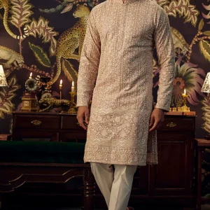 Mud Pink Georgette Thread Embroidered Chikankari Kurta Set