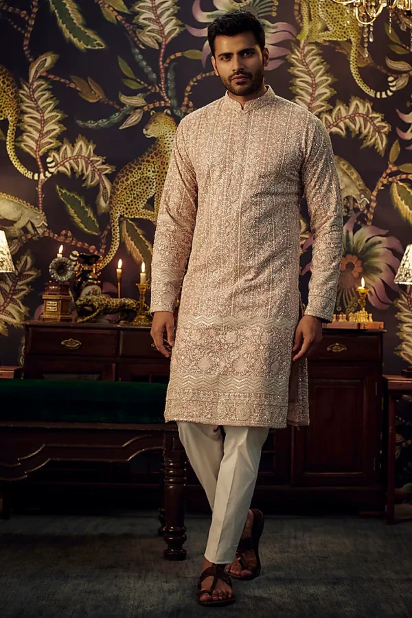 Mud Pink Georgette Thread Embroidered Chikankari Kurta Set