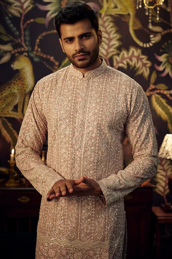 Mud Pink Georgette Thread Embroidered Chikankari Kurta Set - Image 3