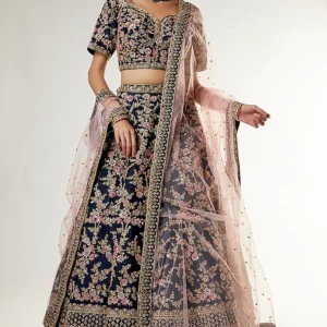 Navy Raw Silk Zardosi Embroidered Lehenga Set