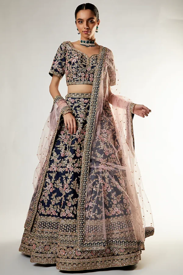 Navy Raw Silk Zardosi Embroidered Lehenga Set