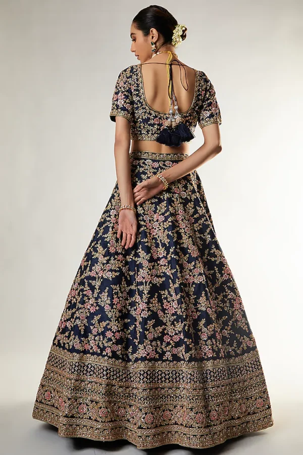 Navy Raw Silk Zardosi Embroidered Lehenga Set - Image 2