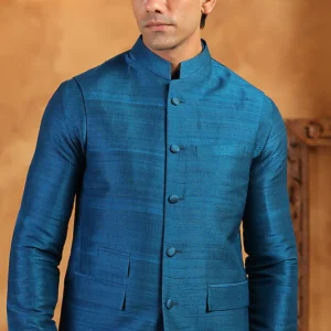 Blue Raw Silk Threadwork Bundi Jacket