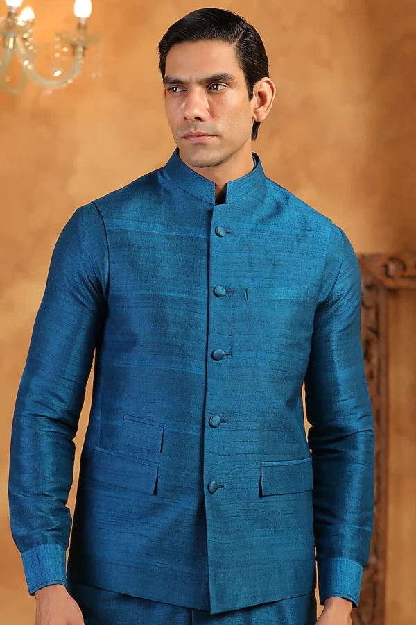 Blue Raw Silk Threadwork Bundi Jacket