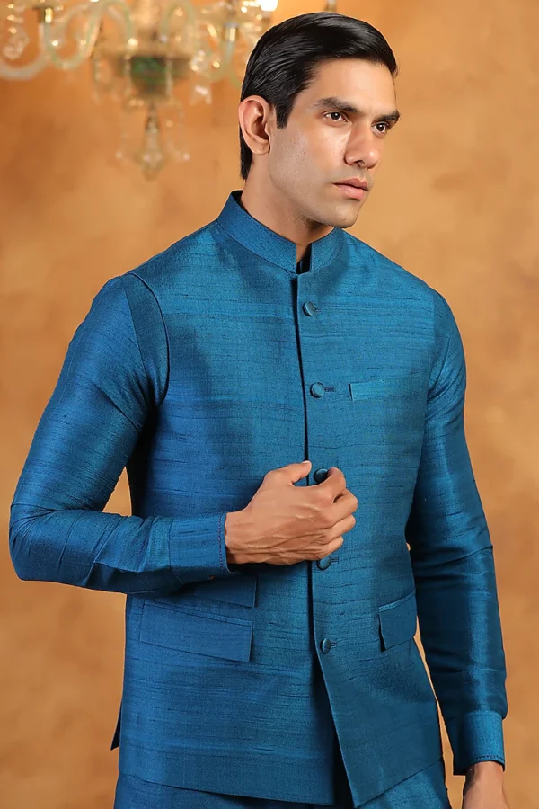 Blue Raw Silk Threadwork Bundi Jacket - Image 2