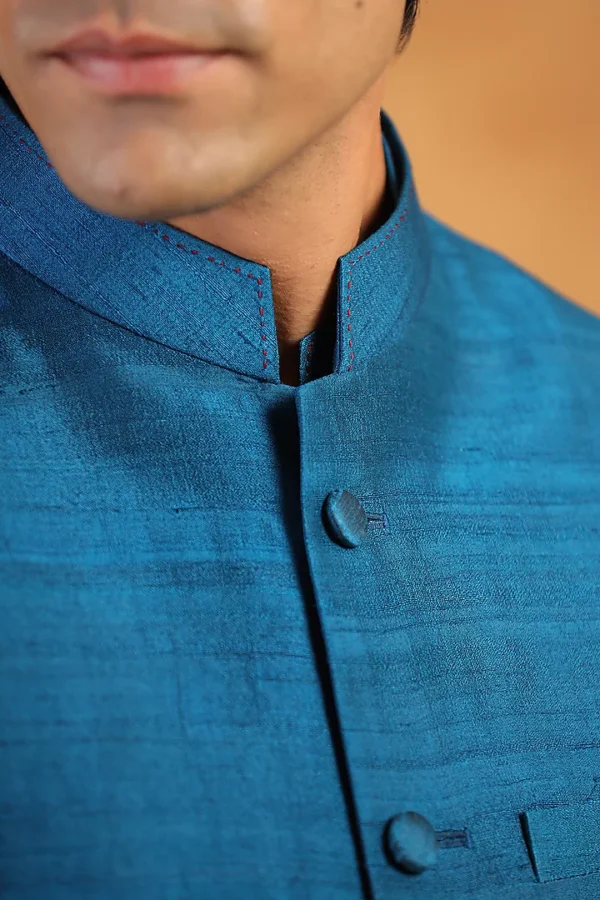 Blue Raw Silk Threadwork Bundi Jacket - Image 3