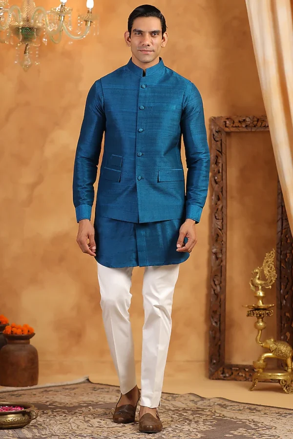Blue Raw Silk Threadwork Bundi Jacket - Image 4