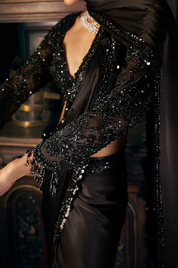 Black Chiffon Pre-Draped Saree Set - Image 4