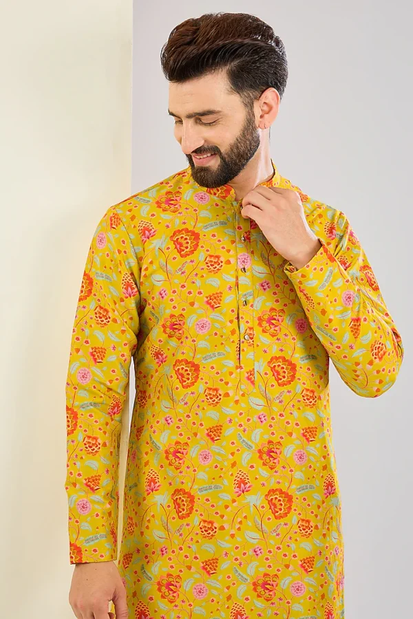 Mustard Chanderi Silk Floral Printed Kurta Set - Image 4
