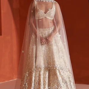Ivory Raw Silk Embroidered Lehenga Set