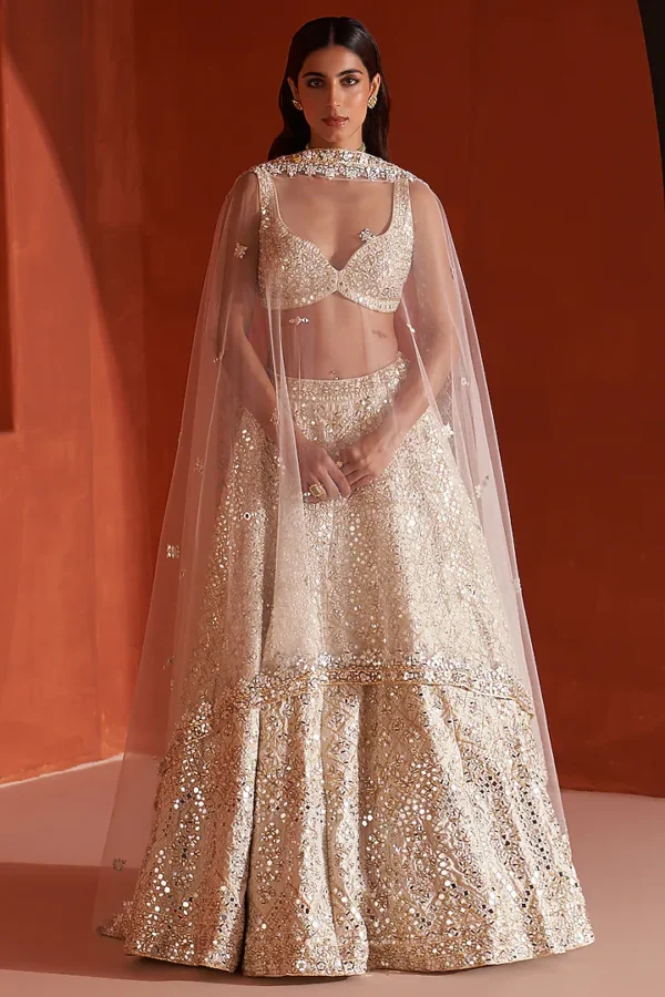Ivory Raw Silk Embroidered Lehenga Set